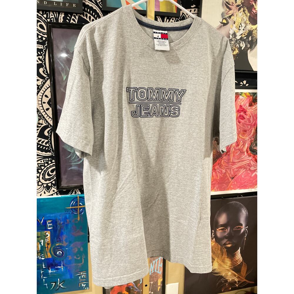 Vintage Y2K Embroidered Tommy Jeans Heather Gray Graphic Tee Oversized Medium